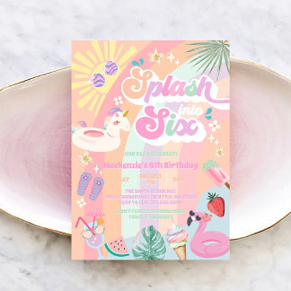 Splash Into Six Summer Rainbow Sun 6th Birthday  Einladung