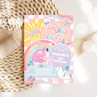 Splash Into Three Pool Party Rainbow 3rd Birthday Einladung