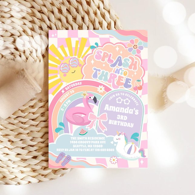 Splash Into Three Pool Party Rainbow 3rd Birthday Einladung (Von Creator hochgeladen)
