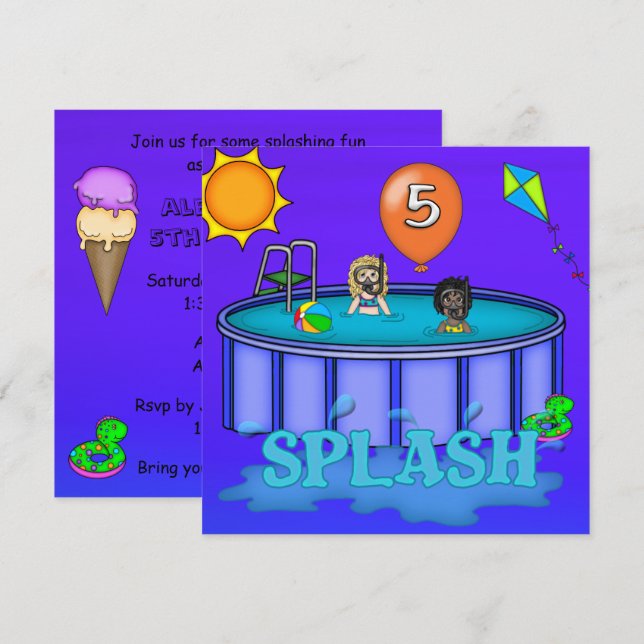 "Splash" Pool Party 5. Geburtstag Einladung (Vorne/Hinten)