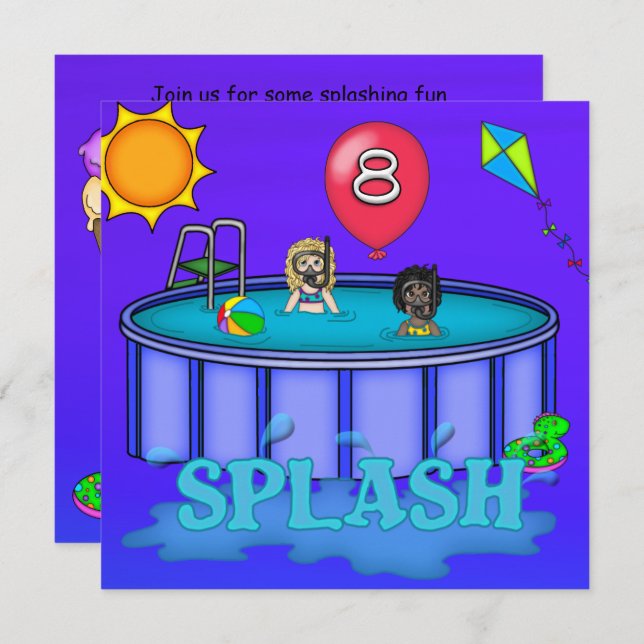 "Splash" Pool Party 8. Geburtstag Einladung (Vorne/Hinten)