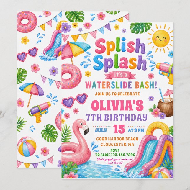 Splash Splash Rutschbahn Bash Geburtstag Einladung (Vorne/Hinten)