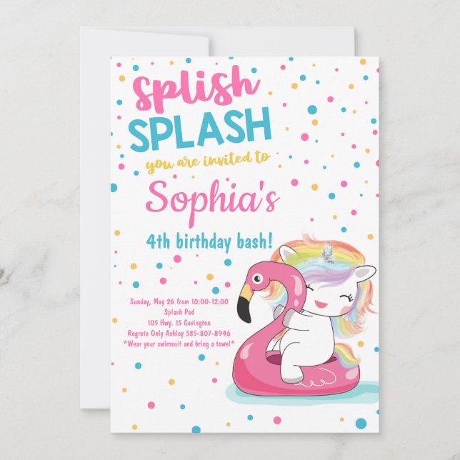 Splash Unicorn Bash Pool Girl Einladung (Vorderseite)