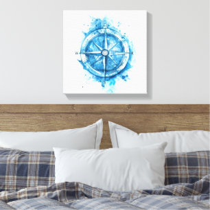 Splashed Compass - blaue künstlerische Aquarellfar Leinwanddruck