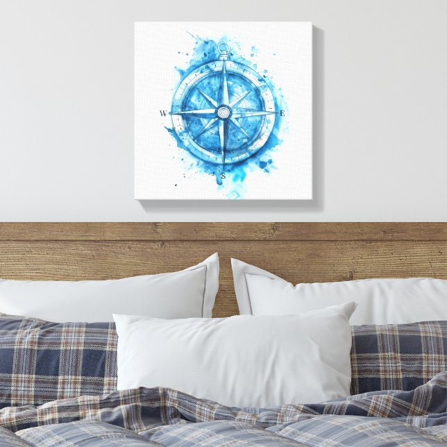 Splashed Compass - blaue künstlerische Aquarellfar Leinwanddruck (Insitu (Schlafzimmer))