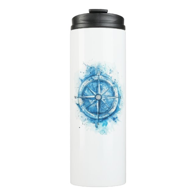 Splashed Compass - blaue künstlerische Aquarellfar Thermosbecher (Vorderseite)