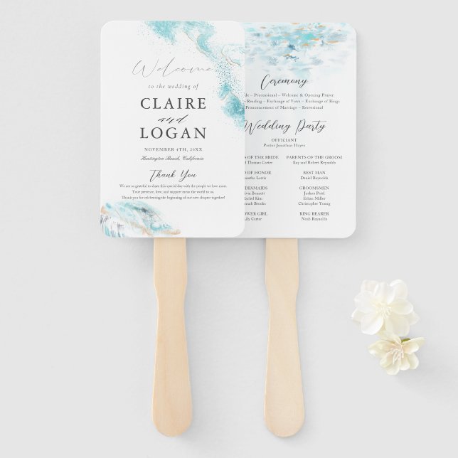 Splashing Blue Waves Coastal Wedding Program Fächer (Vorne und Hinten)