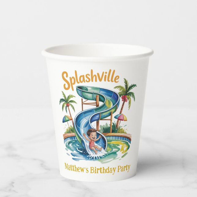 Splashville Water Slide Boy Birthday Party Pappbecher (Vorderseite)