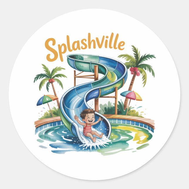 Splashville Water Slide Boy Birthday Party Runder Aufkleber (Vorderseite)