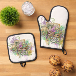 Splatter Mardi Gras Collage Ofenhandschuh & Topflappen-Set