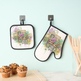 Splatter Mardi Gras Collage Ofenhandschuh & Topflappen-Set