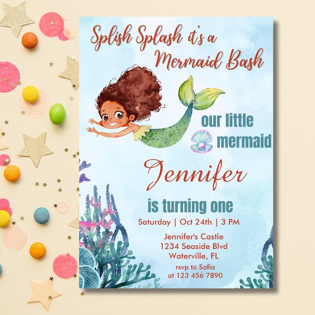 Splish Splash Brown Mermaid Bash Girl 1. Geburtsta Einladung (Von Creator hochgeladen)