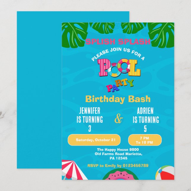 Splish Splash Gemeinsame Poolparty Geburtstag Einladung (Vorne/Hinten)