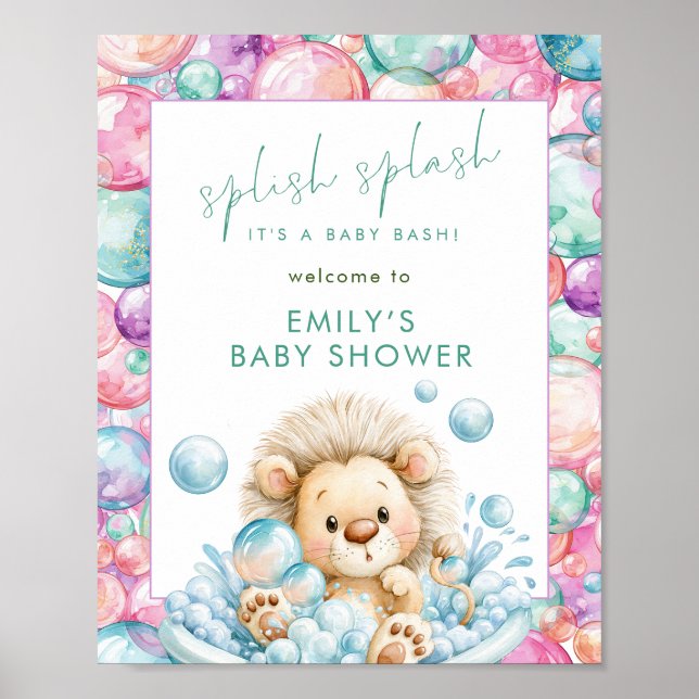 Splish Splash Löwe Druckbare Willkommen Baby Showe Poster (Vorne)