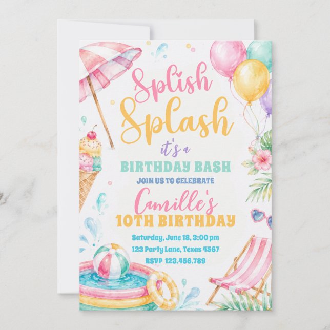 Splish Splash Mädchen Sommer-Party Geburtstag  Einladung (Vorderseite)