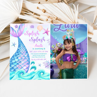 Splish Splash Mermaid 6. Geburtstagsparty Foto Einladung