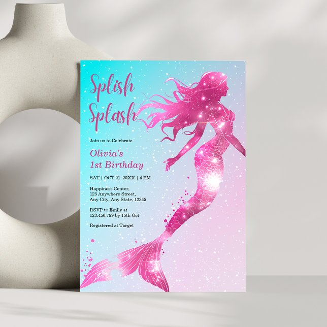 Splish Splash Mermaid Baby Girl 1. Geburtstag Einladung (Splish Splash Mermaid Baby Girl 1st Birthday Invitation )
