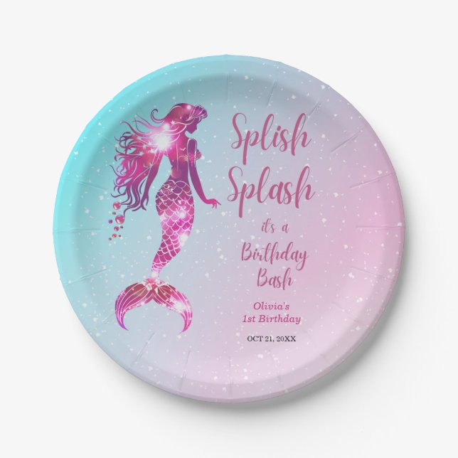 Splish Splash Mermaid Baby Girl 1. Geburtstag Pappteller (Vorderseite)