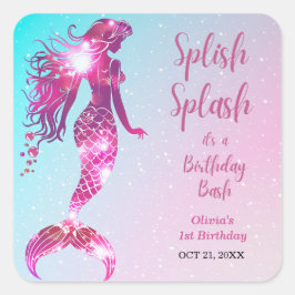 Splish Splash Mermaid Baby Girl 1. Geburtstag Quadratischer Aufkleber