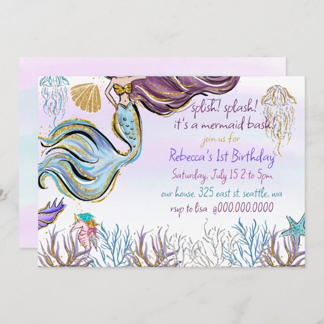 Splish Splash Mermaid Bash Birthday Party Einladung (Vorne/Hinten)