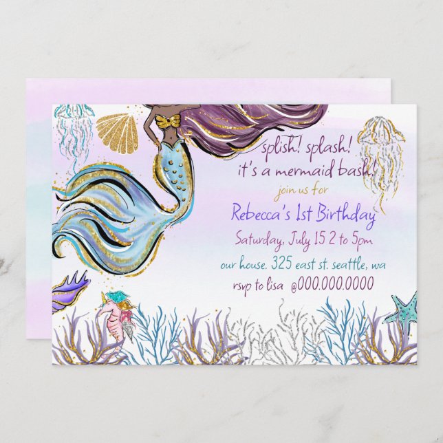 Splish Splash Mermaid Bash Birthday Party Einladung (Vorne/Hinten)