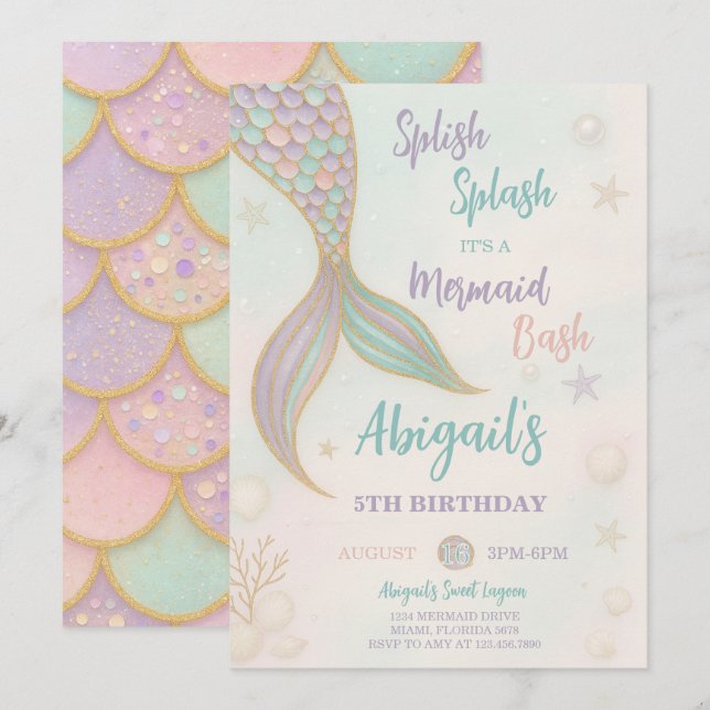 Splish Splash Mermaid Birthday Einladung (Vorne/Hinten)