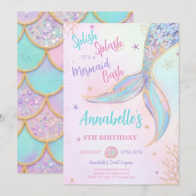 Splish Splash Mermaid Birthday Einladung (Vorne/Hinten)