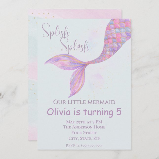Splish Splash Mermaid Birthday Einladung (Vorne/Hinten)