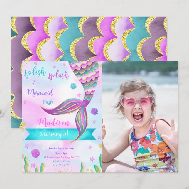 Splish Splash Mermaid Foto Einladung (Vorne/Hinten)