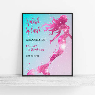 Splish Splash Mermaid Girl 1. Geburtstag Willkomme Poster