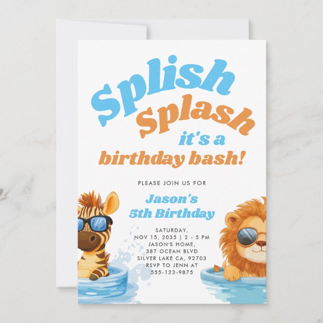 Splish Splash Pool Party Boy Birthday Einladung (Vorderseite)