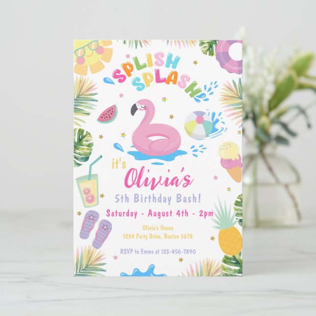 Splish Splash Pool Party Sommerwasser Geburtstag Einladung (Stehend Vorderseite)