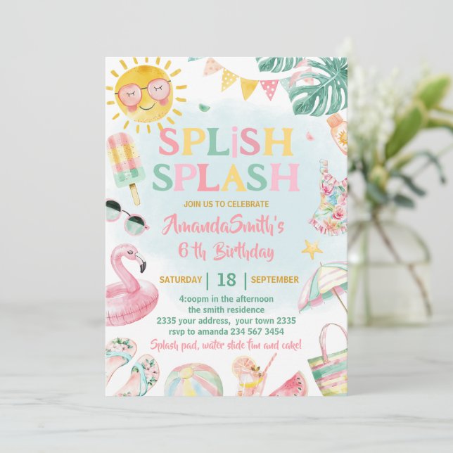 Splish Splash Poolparty-Mädchen-Rosa Geburtstag Einladung (Stehend Vorderseite)