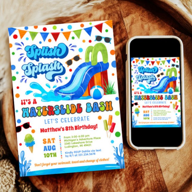 Splish Splash Waterslide Bash Boy Geburtstag Einladung (Splish Splash Waterslide Bash Boy Birthday Invitation)