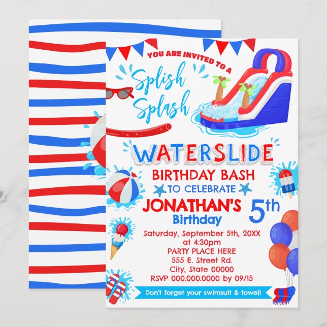 Splish Splash Waterslide Birthday Red White Blue Einladung (Vorne/Hinten)