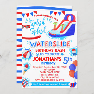 Splish Splash Waterslide Birthday Red White Blue Einladung