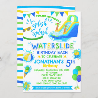 Splish Splash Waterslide Geburtstag Blue Green Poo Einladung