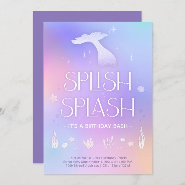 Splish Splash Whimsical Funkelnd Mermaid Geburtsta Einladung (Vorne/Hinten)