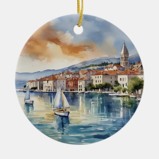 Split Croatia Sailboat Wasserfarbe Keramik Ornament (Vorne)
