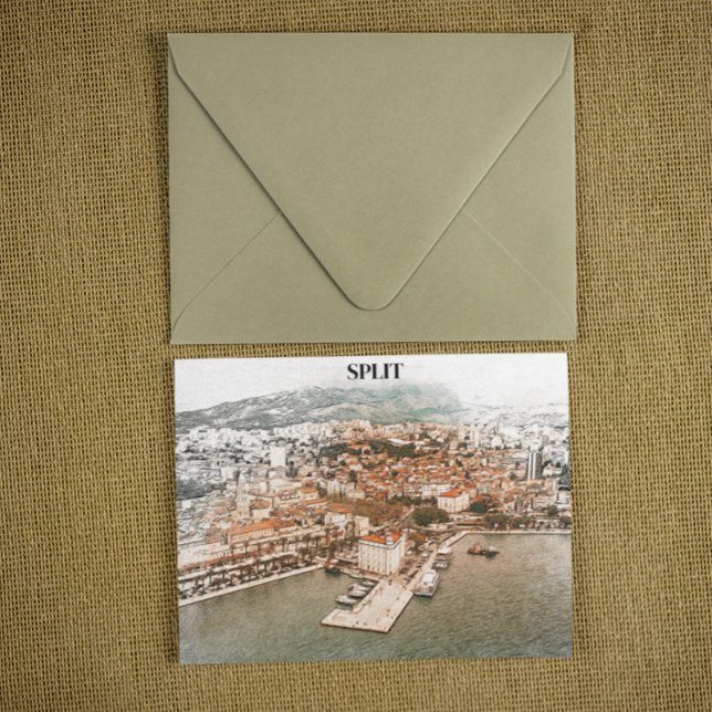 Split Croatia Vintager Hafen Zeichnend Postkarte (split croatia harbor port seaside)