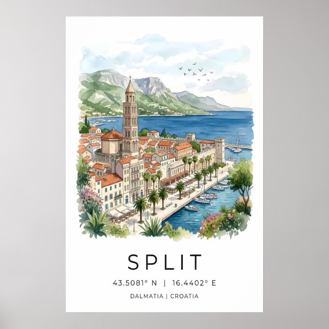 Split Dalmatien Kunst Druck Wasserfarbe Ufer Poster (Vorne)