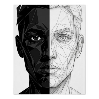 Split Face Low Poly Geometric Line Art Poster
