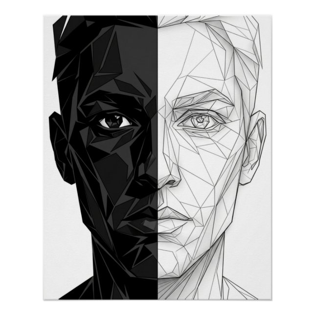 Split Face Low Poly Geometric Line Art Poster (Vorderseite)