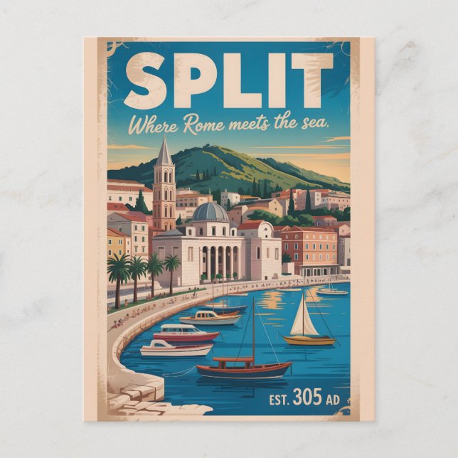 Split Kroatien Retro-Stadtansicht Reise Postkarte (Vorderseite)
