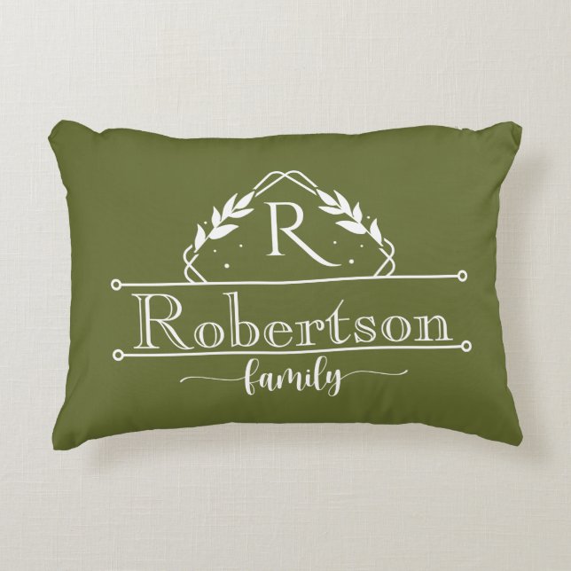 Split Monogram Family Name Olive Green Frame Dekokissen (Vorderseite)