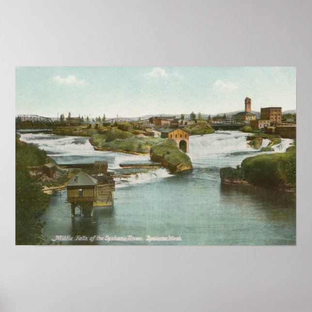 Spokane, WA - Blick auf den Fluss und die nahen Wa Poster (Vorne)
