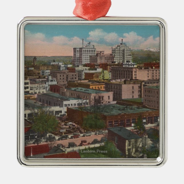 Spokane, WA - Skyline-Ansicht des Stadtzentrums Silbernes Ornament (Vorne)