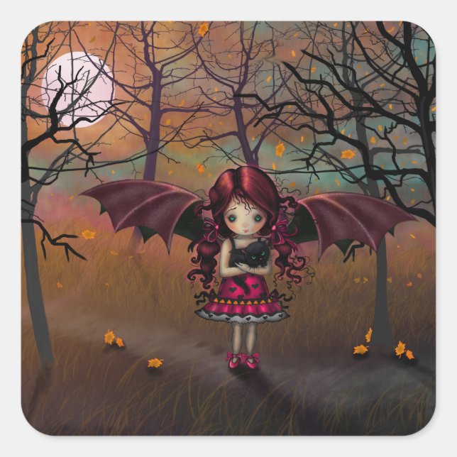 Spook Little Halloween Vampire und Cat Fantasy Art Quadratischer Aufkleber (Vorderseite)
