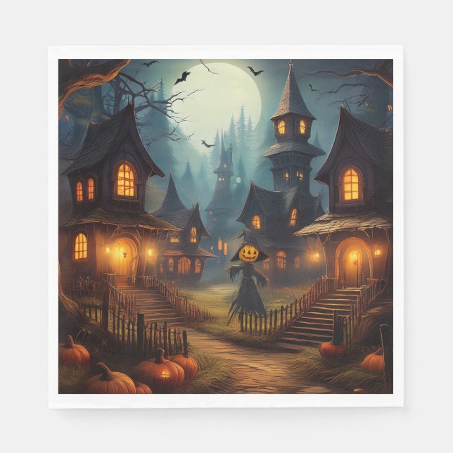 Spookes Halloween-Dorf mit Scare Crow Serviette (Vorderseite)