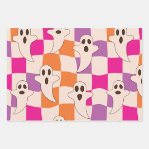 Spookes Halloween-Gespenster auf Schachbrettmuster Geschenkpapier Set